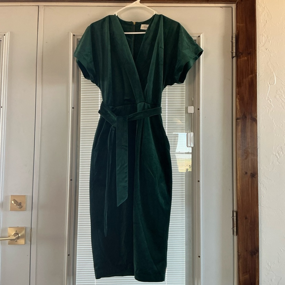 Emerald Velvet Wrap Dress with Waist Tie